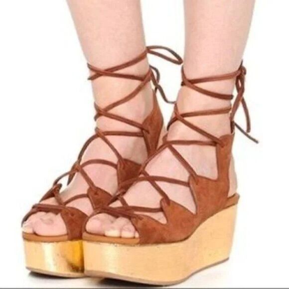 See by Chloe Liana Brown Suede Gold Platform Lace Up Sandals - Picture 1 of 8